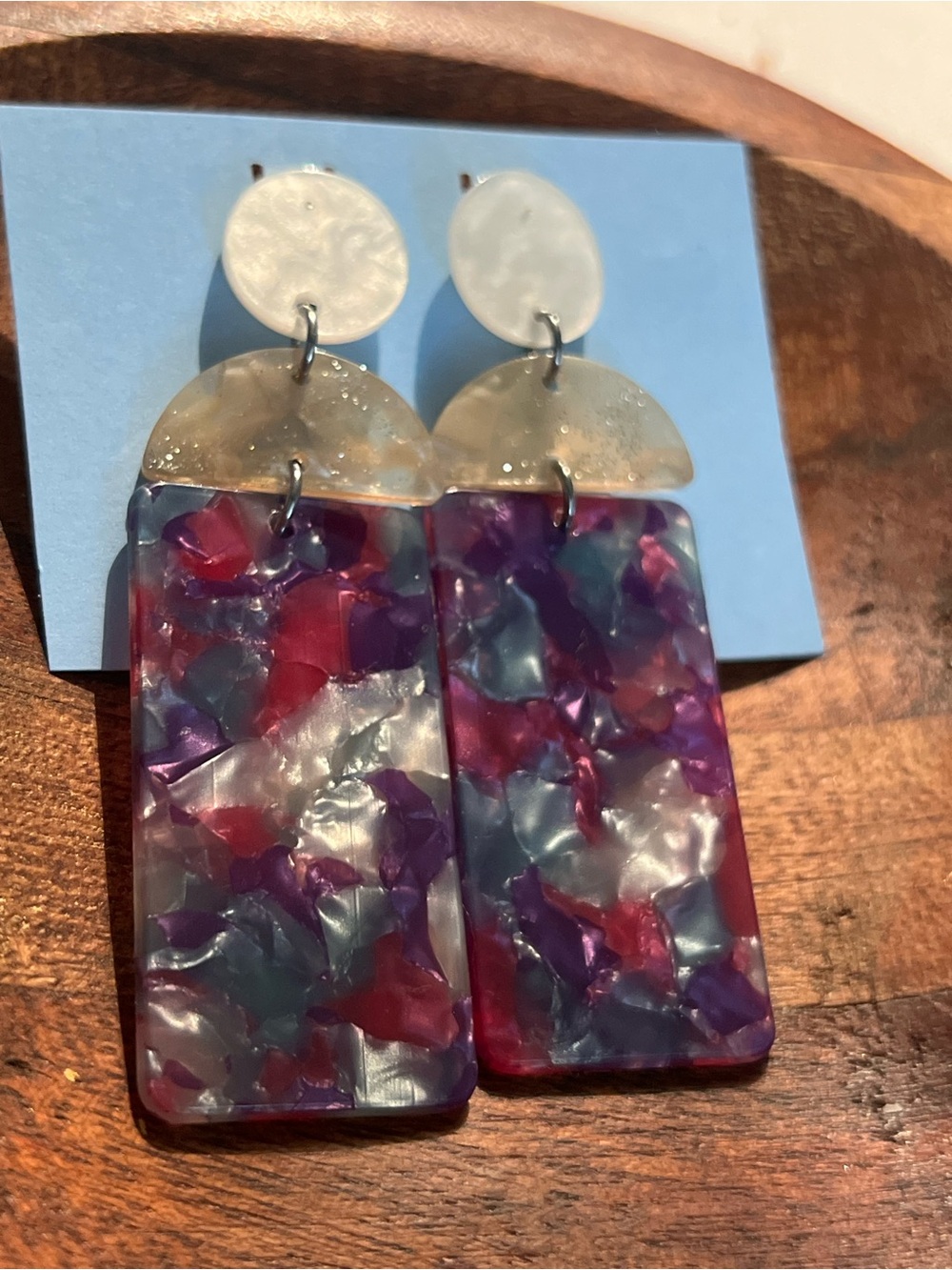 Multicolor Resin Rectangle Drop Earrings in Purple, Red & Blue